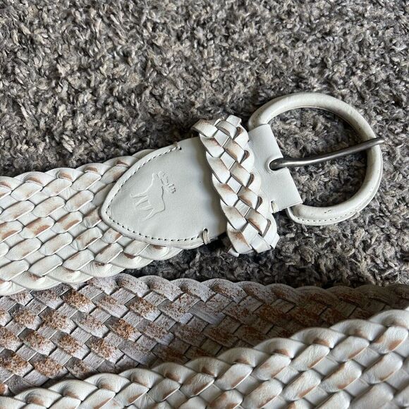 Abercrombie Fitch Wide Waist Belt White Distressed Leather Woven Braided M/L - Picture 3 of 6